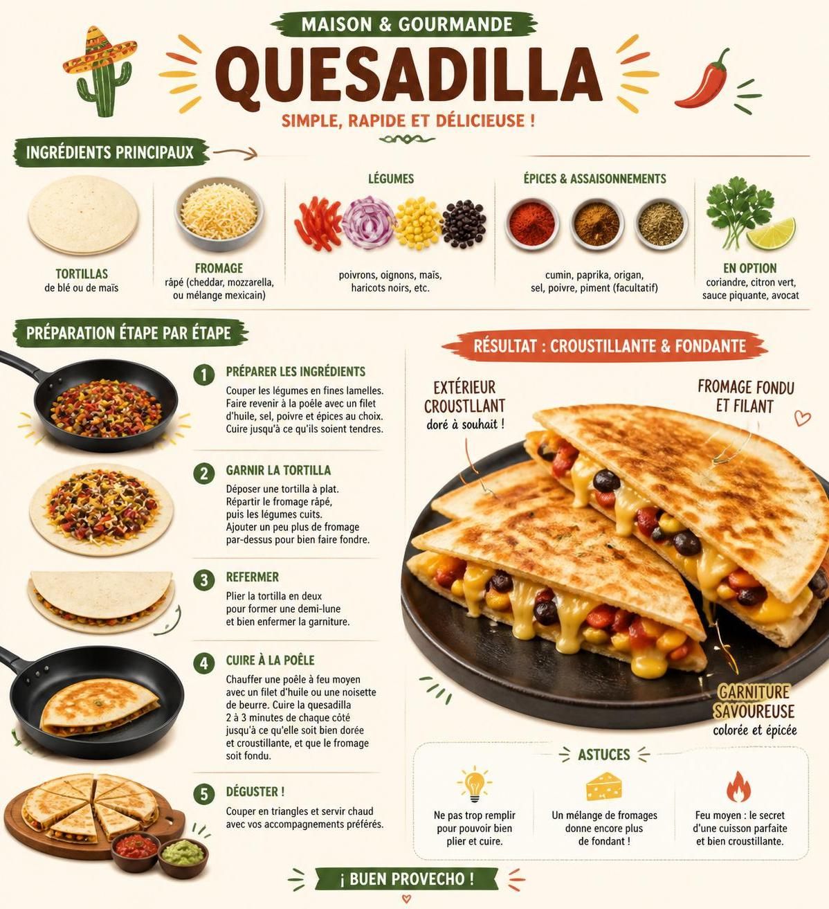 dĂ©couvrez notre recette de quesadilla maison, une spĂ©cialitĂ© mexicaine croustillante prĂȘte en seulement quinze minutes. facile et rapide Ă prĂ©parer, elle ravira vos papilles !