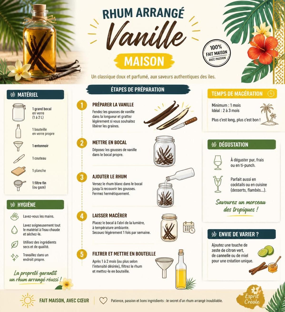apprenez à préparer facilement un rhum arrangé vanille maison, une infusion créole savoureuse, en seulement cinq minutes pour un goût authentique et délicieux.