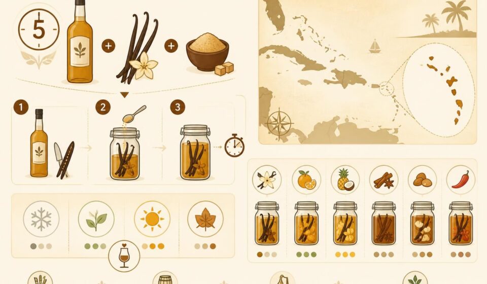 découvrez comment préparer facilement votre rhum arrangé vanille maison en seulement cinq minutes et savourez une infusion créole authentique et gourmande.