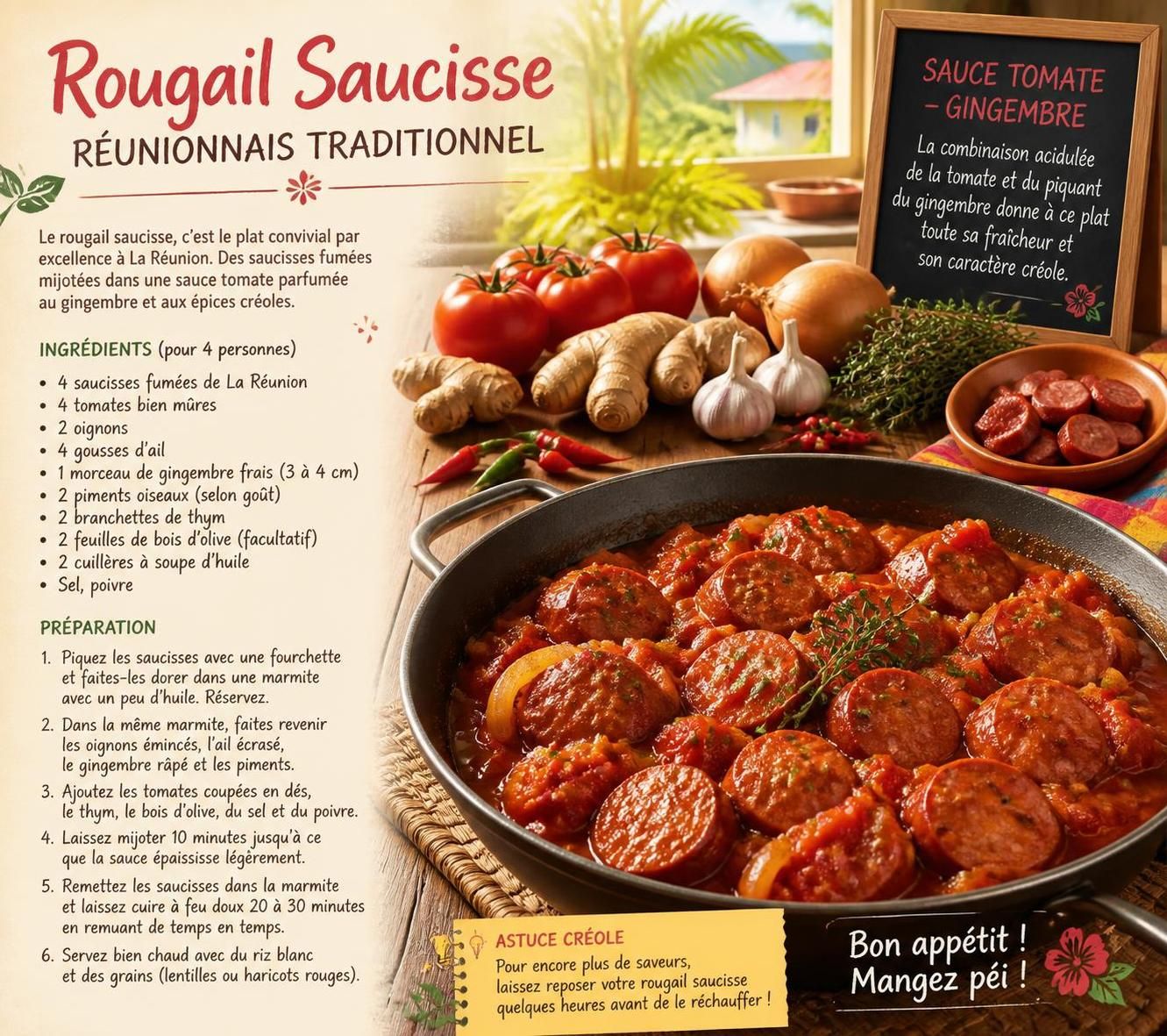 découvrez le rougail saucisse réunionnais, un plat authentique à base de sauce tomate et gingembre, qui capture les saveurs uniques de l'ßle pour un repas complet et convivial.