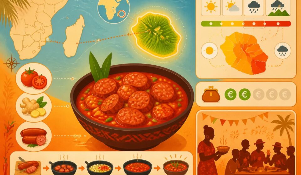 découvrez le rougail saucisse réunionnais, la recette authentique avec sa sauce tomate-gingembre épicée, un plat traditionnel de l'île qui réveille les papilles et fait tout un repas.