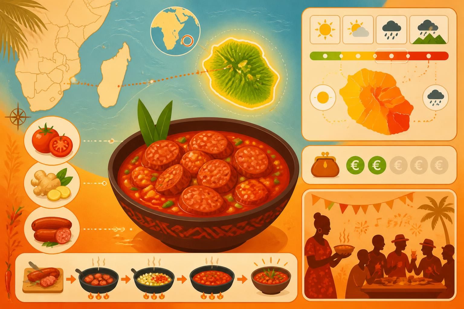 découvrez le rougail saucisse réunionnais, la recette authentique avec sa sauce tomate-gingembre épicée, un plat traditionnel de l'île qui réveille les papilles et fait tout un repas.