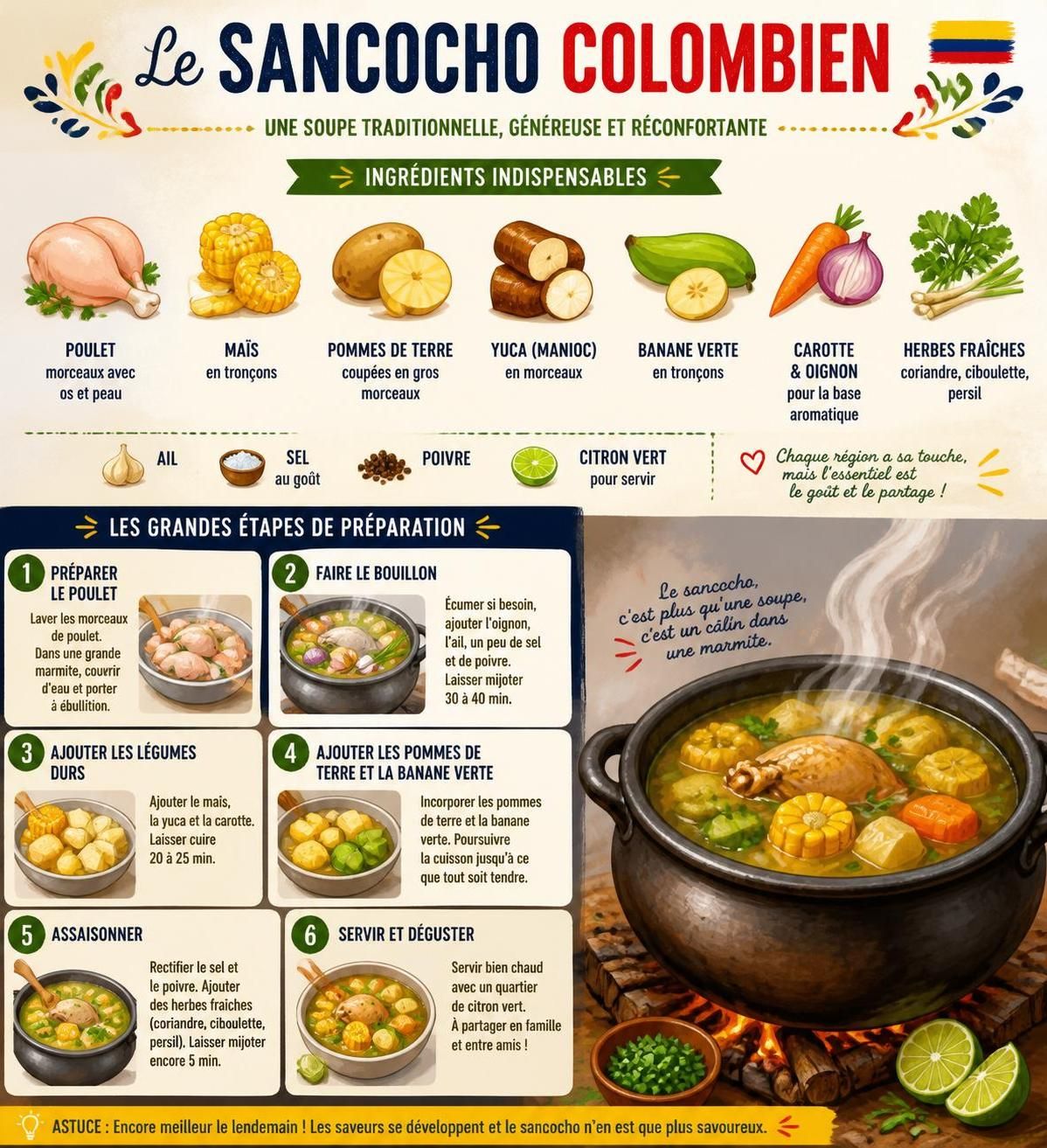 découvrez l'histoire authentique du sancocho colombien, ce grand bouillon festif, et apprenez une recette adaptée pour savourer ce plat traditionnel chez vous.