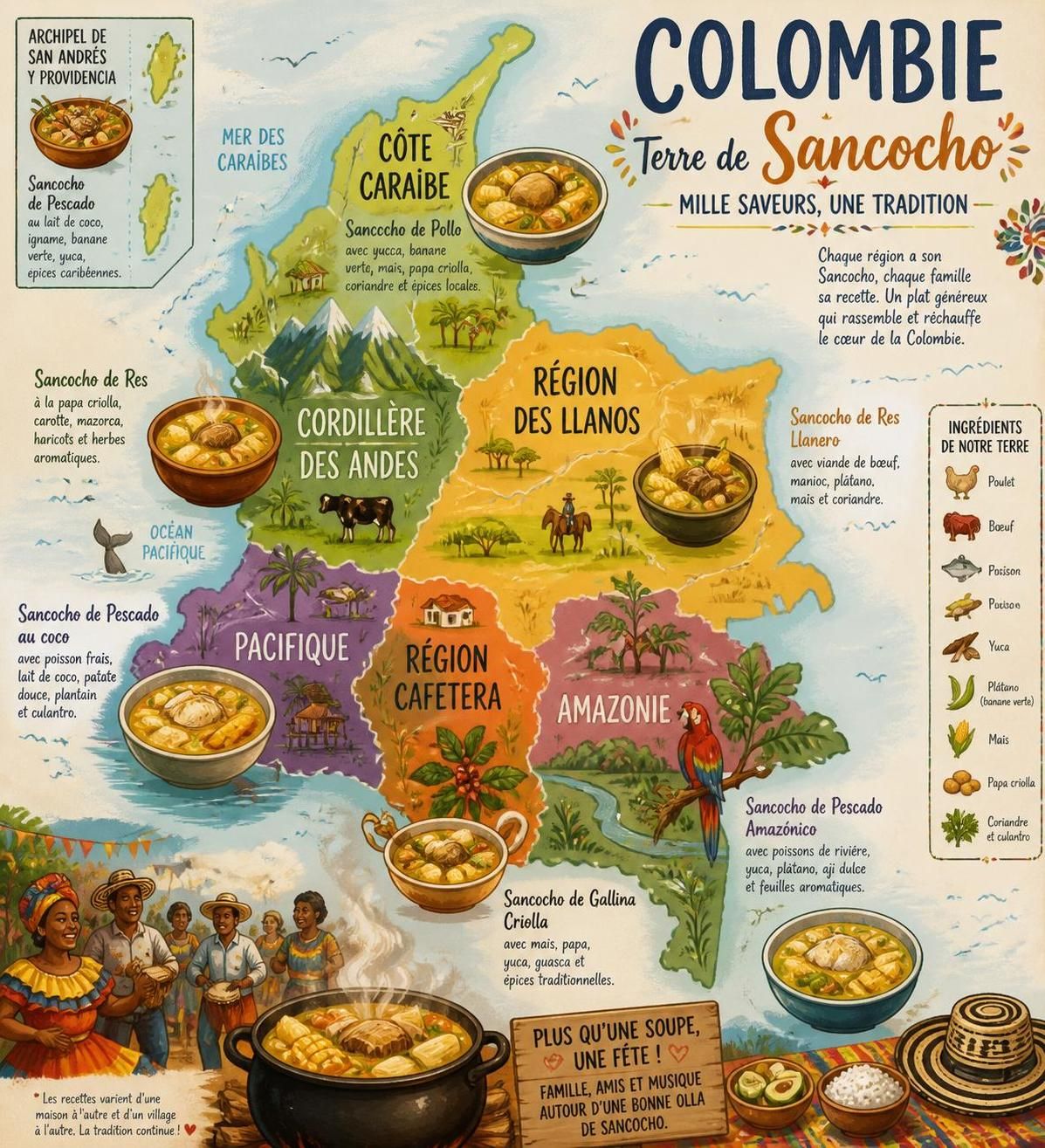 découvrez l'histoire du sancocho colombien, ce grand bouillon traditionnel des jours de fête, et apprenez une recette adaptée pour le préparer facilement chez vous.