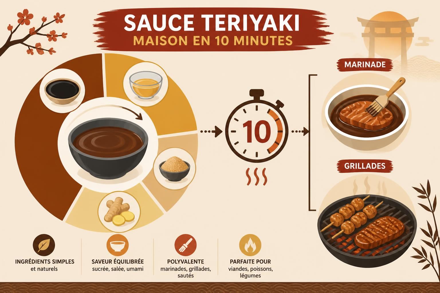 découvrez notre recette rapide de sauce teriyaki maison en dix minutes avec seulement 4 ingrédients. parfaite pour sublimer vos grillades et marinades, elle transforme vos plats en délices savoureux.