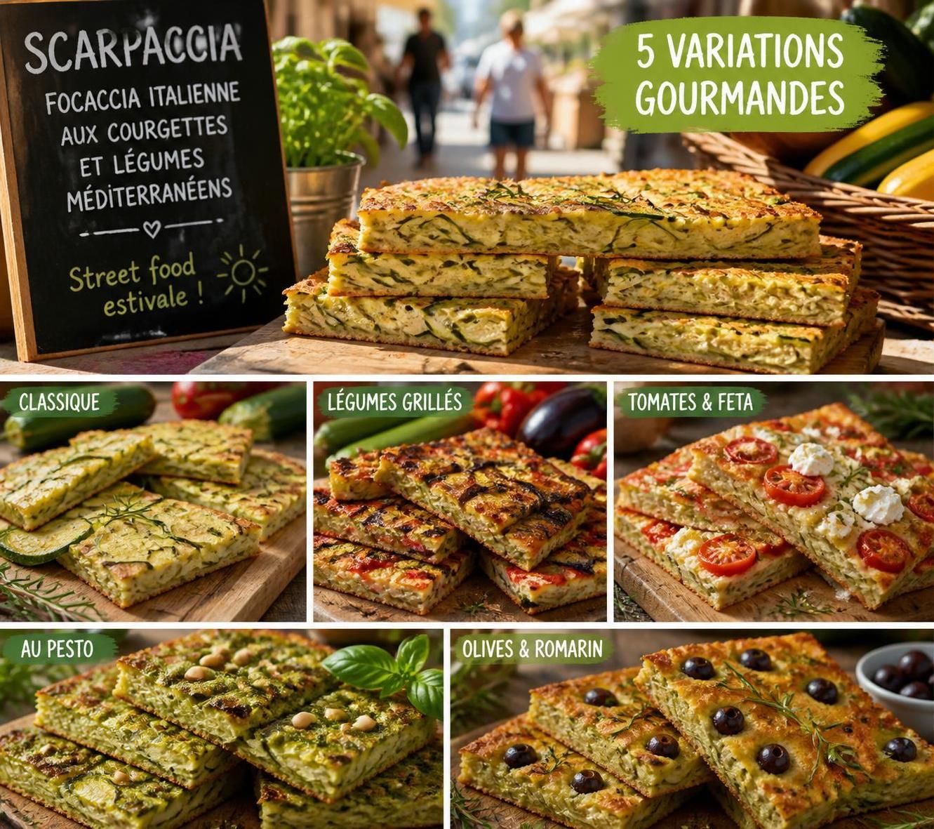 découvrez la scarpaccia de courgettes, une focaccia italienne ultra-fine, parfaite pour savourer une street food ensoleillée pleine de saveurs méditerranéennes.
