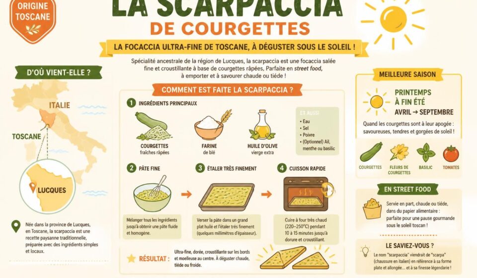 découvrez la scarpaccia de courgettes, la focaccia italienne ultra-fine, parfaite pour savourer une street food délicieuse et ensoleillée.