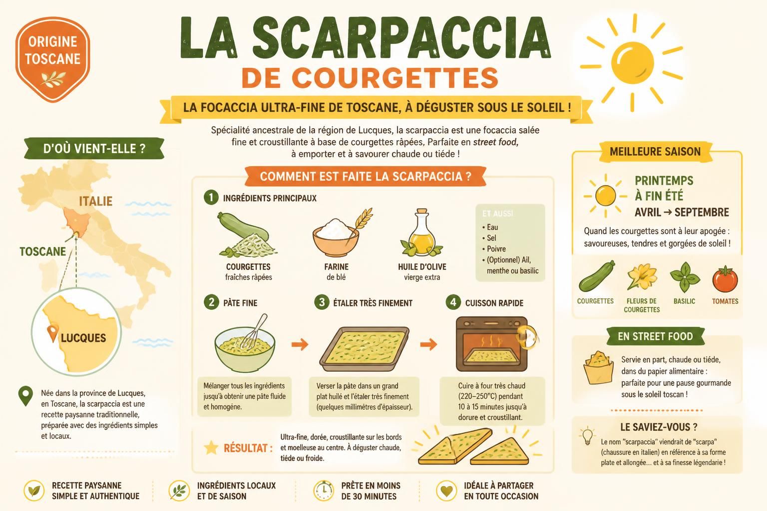 découvrez la scarpaccia de courgettes, la focaccia italienne ultra-fine, parfaite pour savourer une street food délicieuse et ensoleillée.