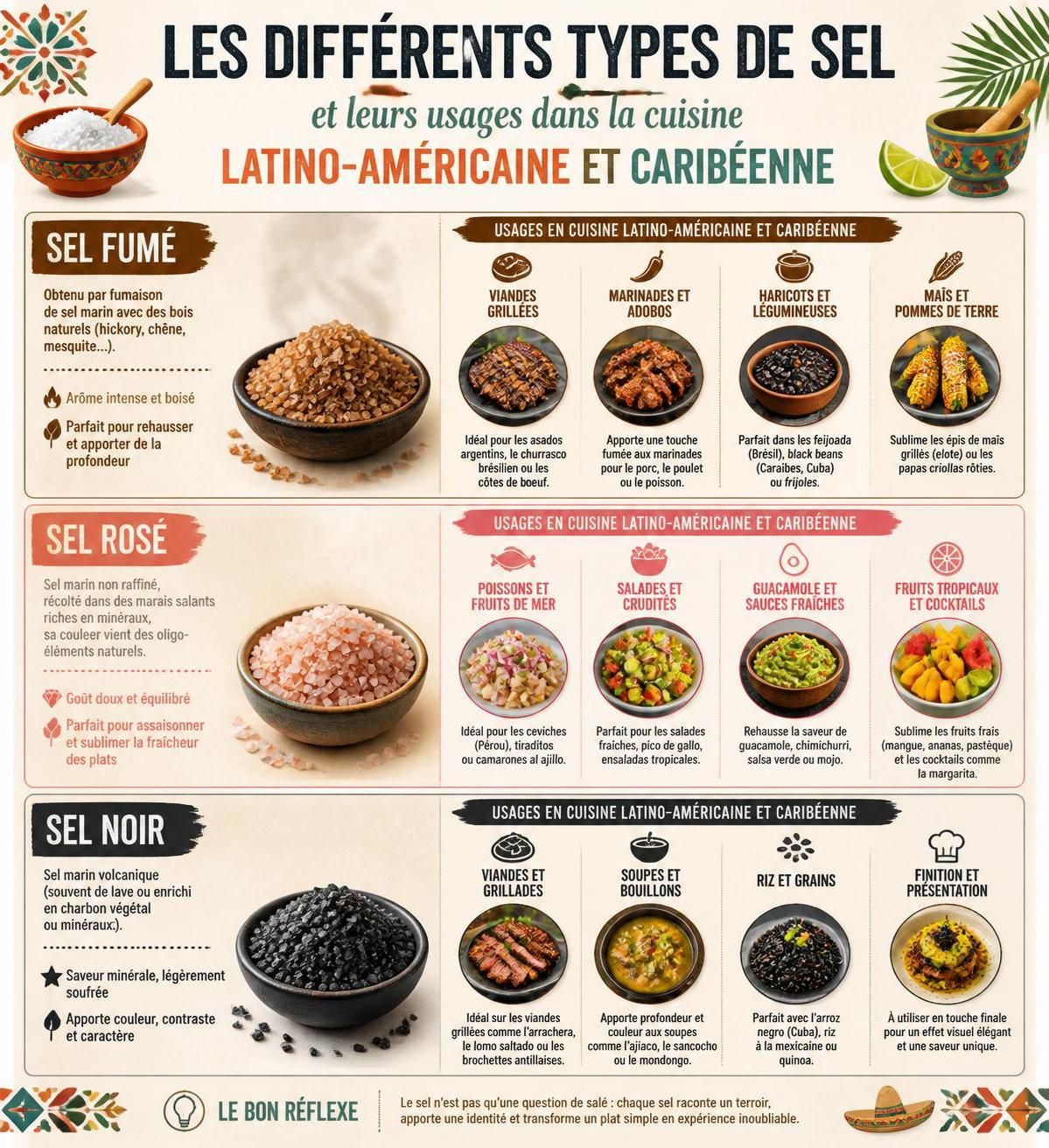découvrez comment le sel fumé, le sel rose et le sel noir subliment les saveurs des plats latinos et caribéens, apportant caractère et authenticité à chaque recette.
