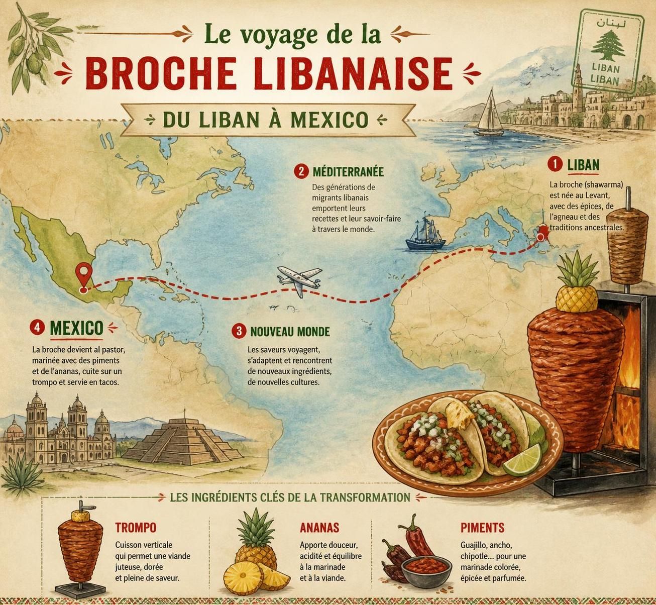 découvrez l'histoire fascinante des tacos al pastor, où la broche libanaise rencontre la cuisine mexicaine, et apprenez une recette authentique pour les préparer chez vous.