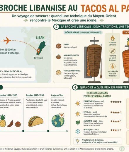 Tacos al pastor : comment la broche libanaise est devenue mexicaine — histoire et recette découvrez l'histoire fascinante des tacos al pastor, comment la broche libanaise a été adaptée au mexique, et apprenez la recette authentique pour les préparer chez vous.