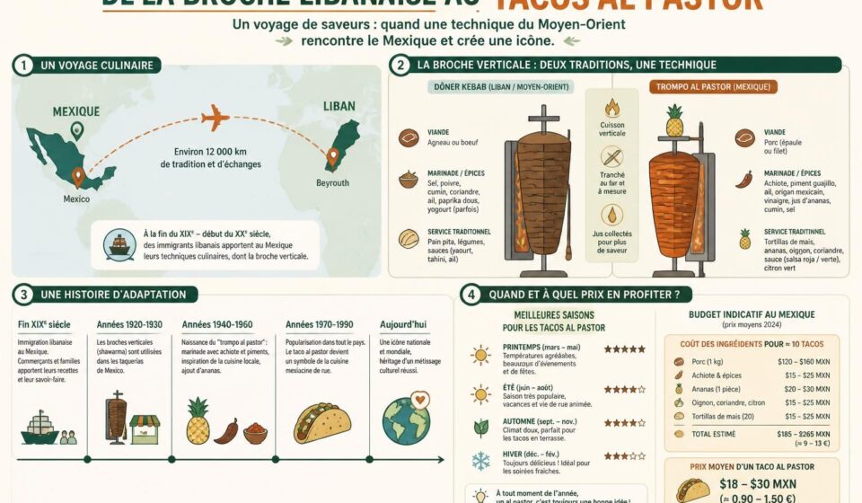 découvrez l'histoire fascinante des tacos al pastor, comment la broche libanaise a été adaptée au mexique, et apprenez la recette authentique pour les préparer chez vous.