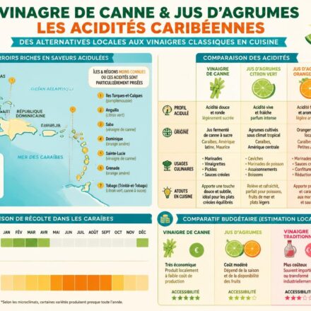 Vinaigre de canne et jus d’agrumes : les acidités qui remplacent le vinaigre classique en cuisine caribéenne découvrez comment le vinaigre de canne et les jus d'agrumes apportent des acidités uniques pour remplacer le vinaigre classique en cuisine caribéenne, révélant des saveurs authentiques et exotiques.
