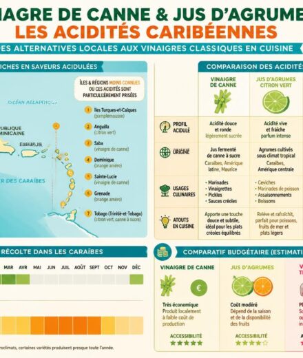 Vinaigre de canne et jus d’agrumes : les acidités qui remplacent le vinaigre classique en cuisine caribéenne découvrez comment le vinaigre de canne et les jus d'agrumes apportent des acidités uniques pour remplacer le vinaigre classique en cuisine caribéenne, révélant des saveurs authentiques et exotiques.