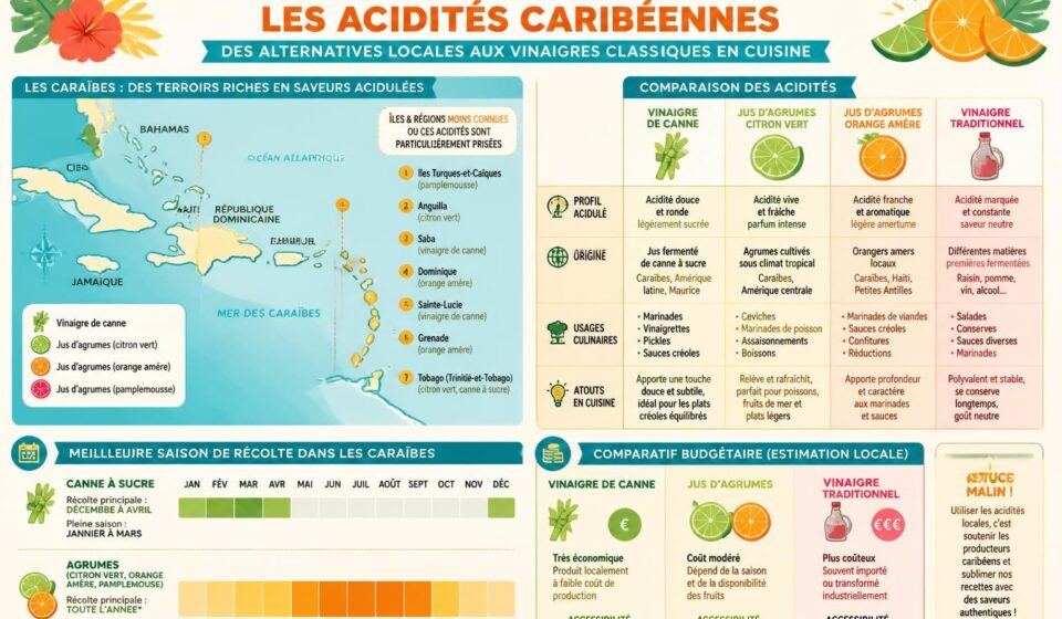 découvrez comment le vinaigre de canne et les jus d'agrumes apportent des acidités uniques pour remplacer le vinaigre classique en cuisine caribéenne, révélant des saveurs authentiques et exotiques.
