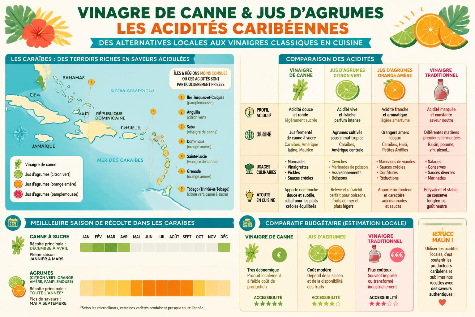 découvrez comment le vinaigre de canne et les jus d'agrumes apportent des acidités uniques pour remplacer le vinaigre classique en cuisine caribéenne, révélant des saveurs authentiques et exotiques.