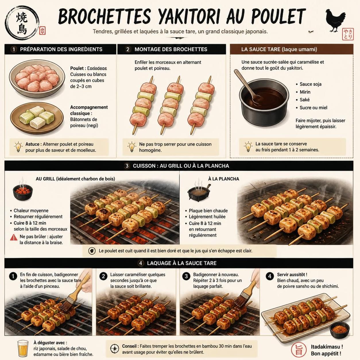 découvrez comment préparer de délicieuses yakitori de poulet, les brochettes japonaises grillées, faciles à réaliser au four ou sur plancha pour un repas savoureux et authentique.