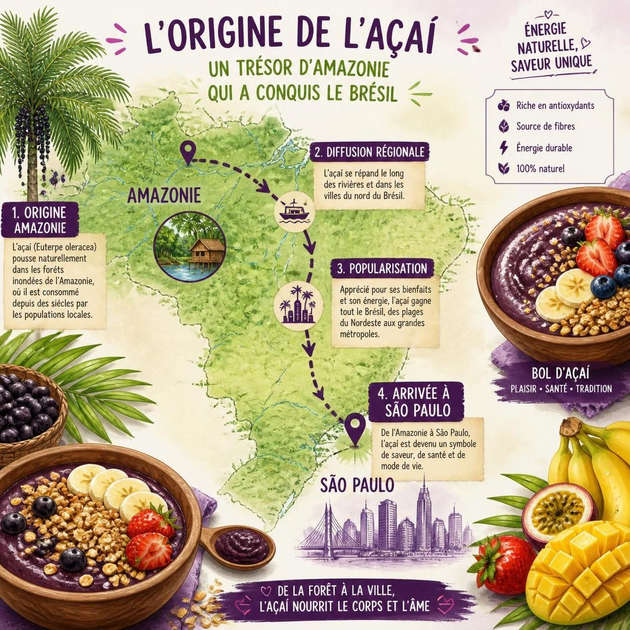 découvrez l'açaï brésilien, le super-fruit violet de são paulo, et apprenez à préparer un véritable bowl d'açaï maison, savoureux et énergisant.