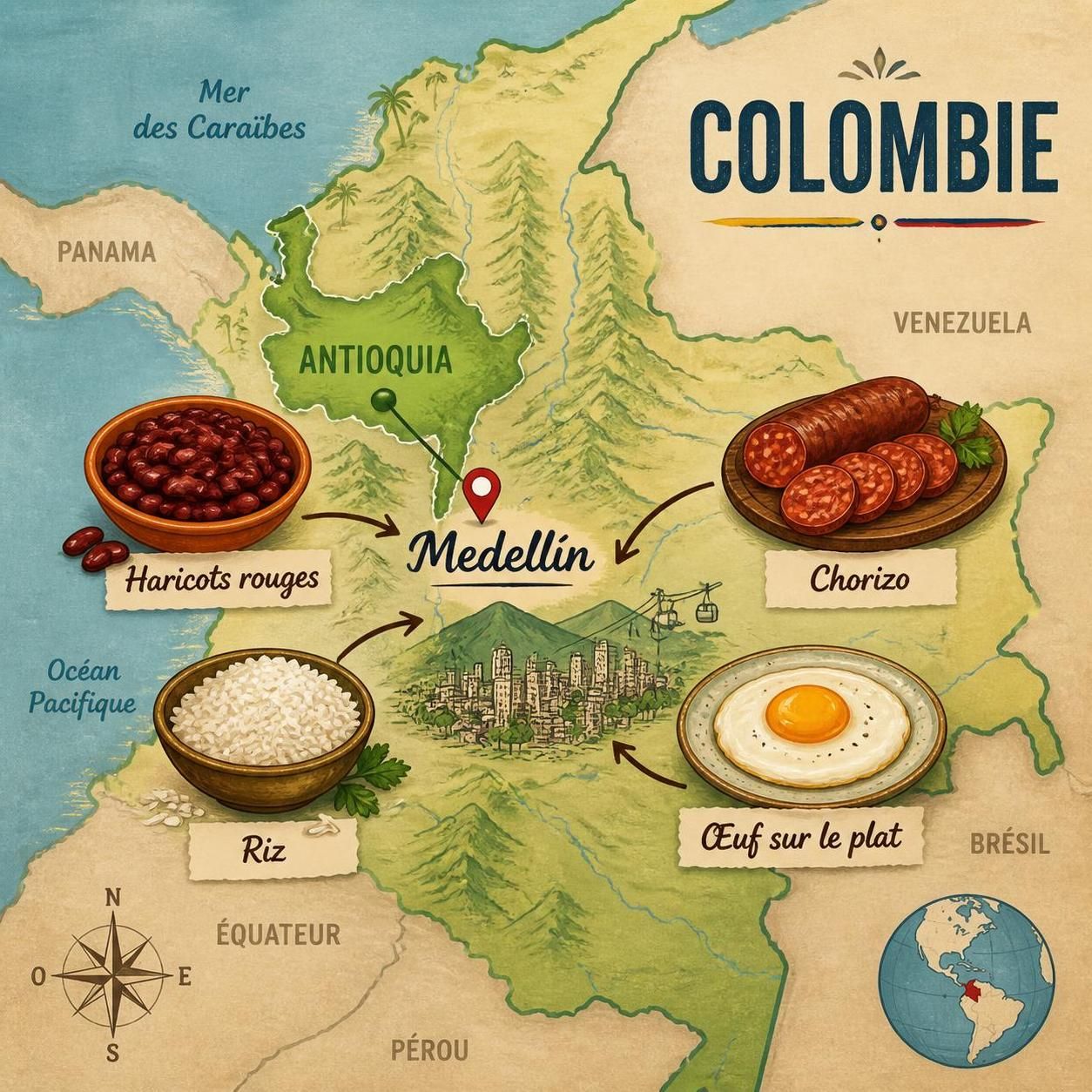 découvrez la bandeja paisa de medellín, un plat traditionnel complet avec haricots, chorizo, riz, chicharrón et œuf sur le plat, réunis dans une assiette savoureuse.