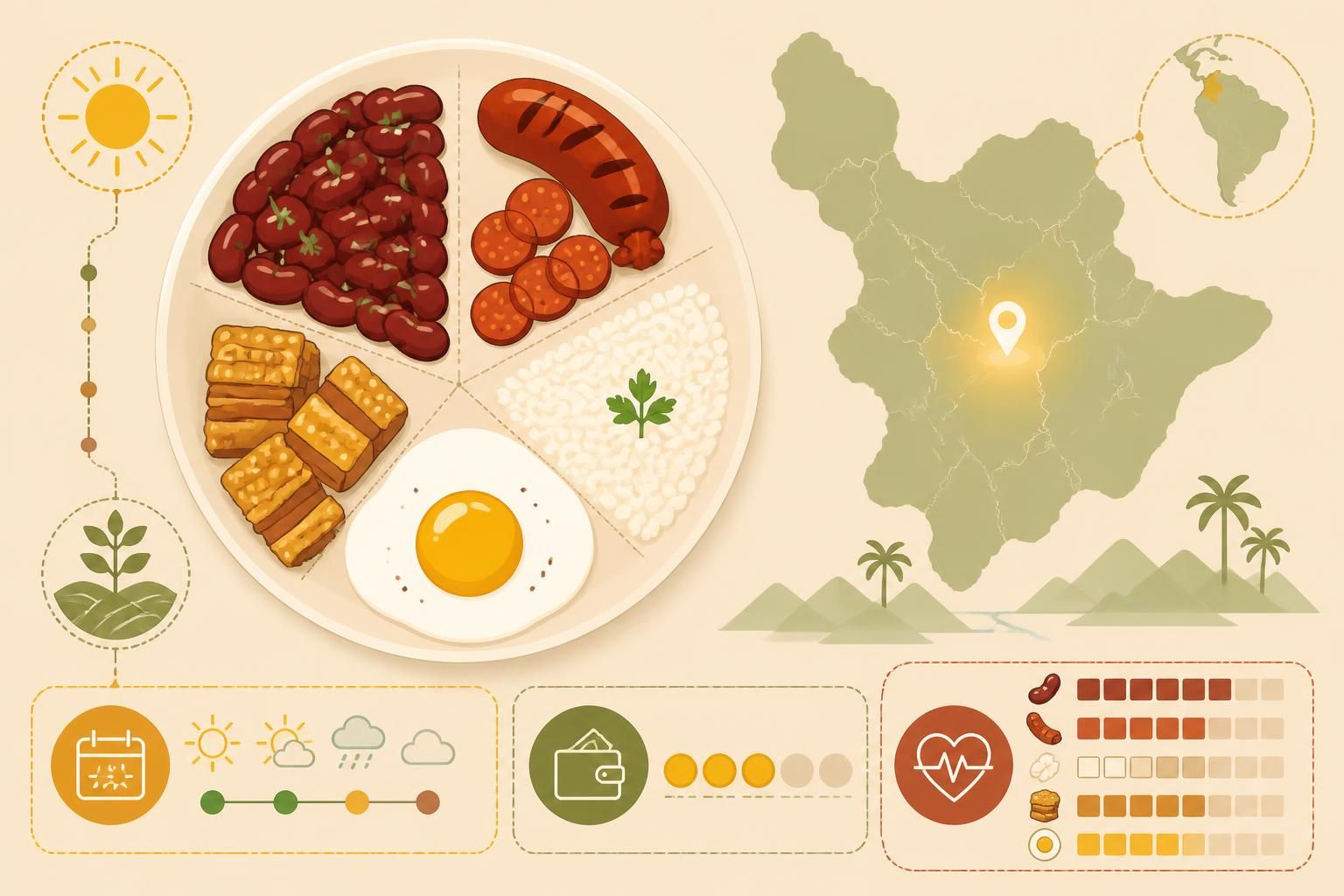 découvrez la bandeja paisa de medellín, un plat traditionnel colombien composé de haricots, chorizo, riz, chicharrón et œuf sur le plat, réunis dans une assiette savoureuse et généreuse.