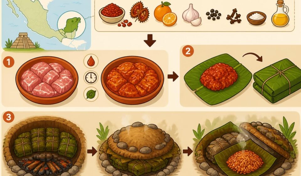 découvrez la cochinita pibil, un plat mexicain traditionnel de porc mariné à l'achiote, enveloppé dans des feuilles de bananier et cuit lentement à l'étouffée pour des saveurs authentiques et délicieuses.