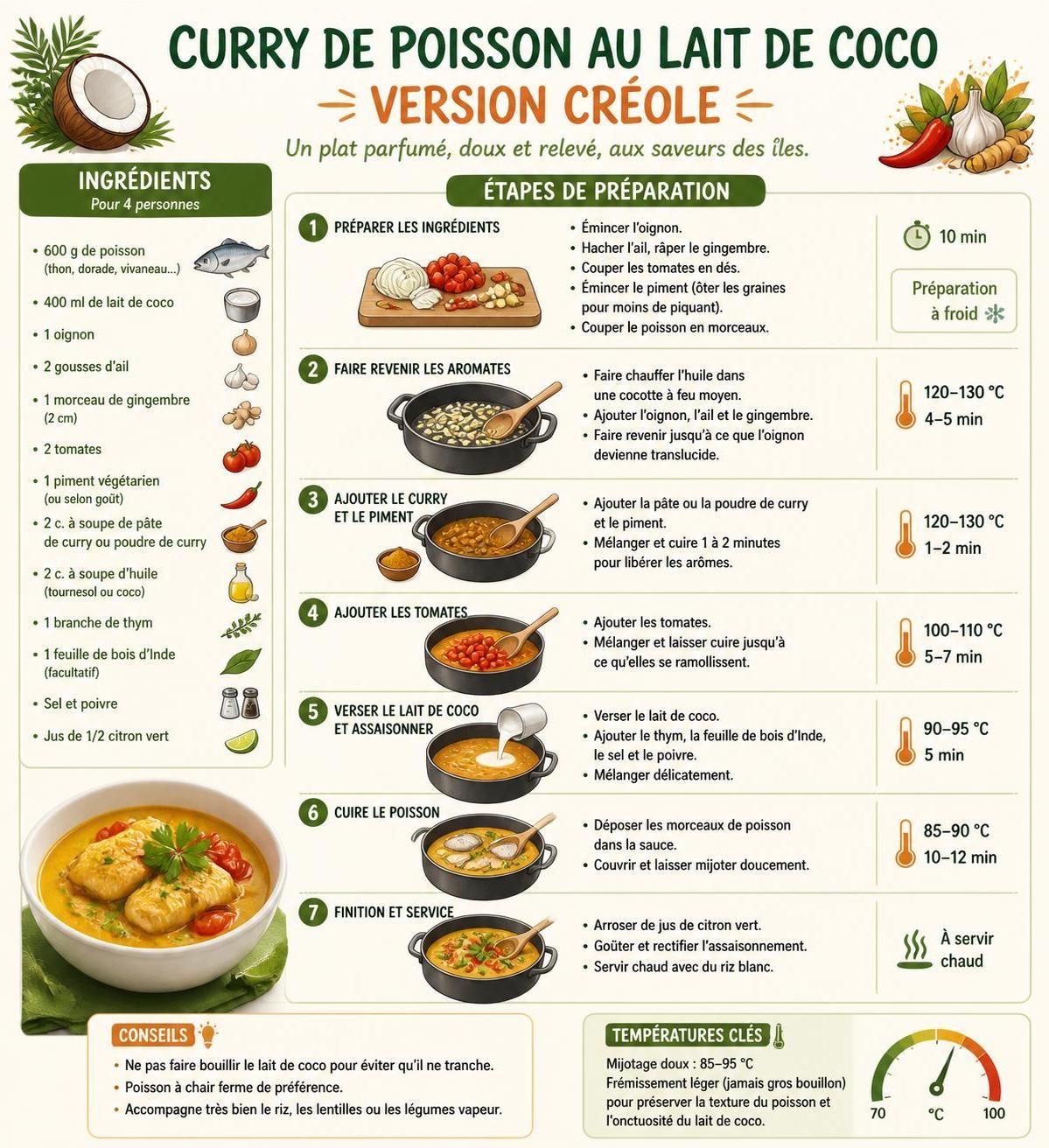 dĂ©couvrez un curry de poisson au lait de coco savoureux, fusion entre les saveurs crĂ©oles des caraĂŻbes et les Ă©pices d'asie, prĂȘt en seulement trente minutes pour un repas rapide et exotique.