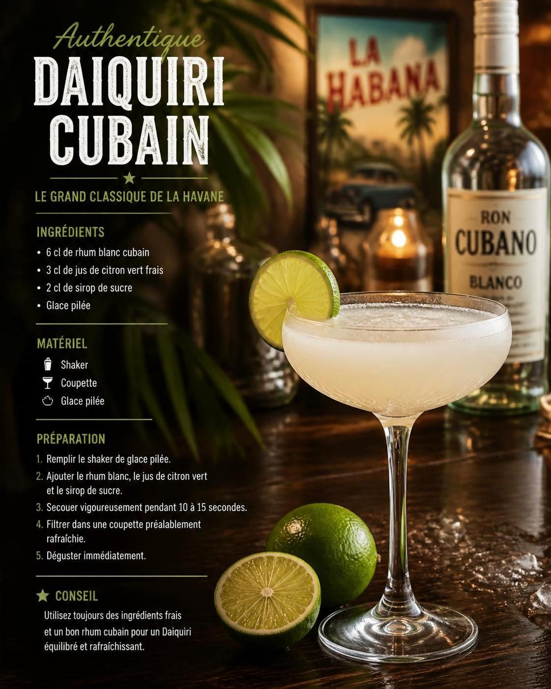 découvrez la recette authentique du daiquiri à la cubaine : mélangez rhum blanc, citron vert et glace pilée pour un cocktail rafraîchissant, prêt en trois coups de shaker.