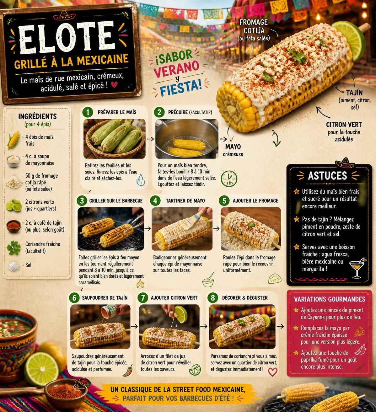 découvrez les elotes grillés à la mexicaine, un snack de rue estival alliant maïs grillé, mayonnaise, citron vert, queso fresco et tajín pour une explosion de saveurs authentiques.