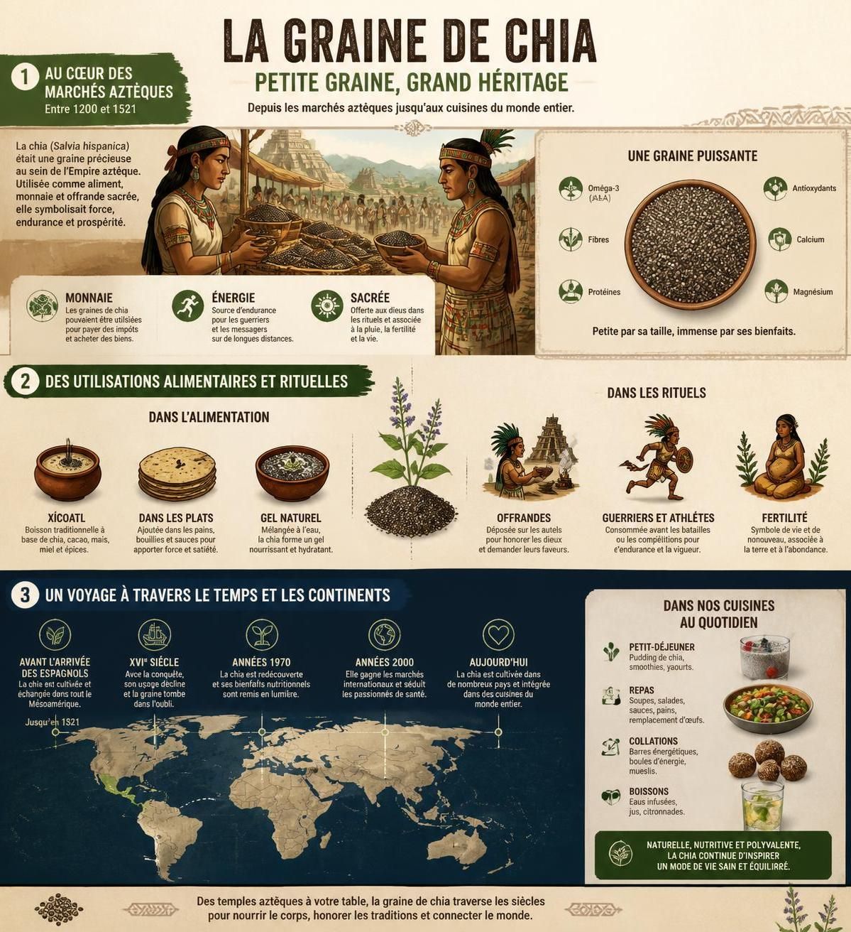 découvrez les graines de chia, originaires des marchés aztèques et désormais adoptées mondialement. explorez leurs bienfaits pour la santé et apprenez cinq façons délicieuses de les cuisiner.