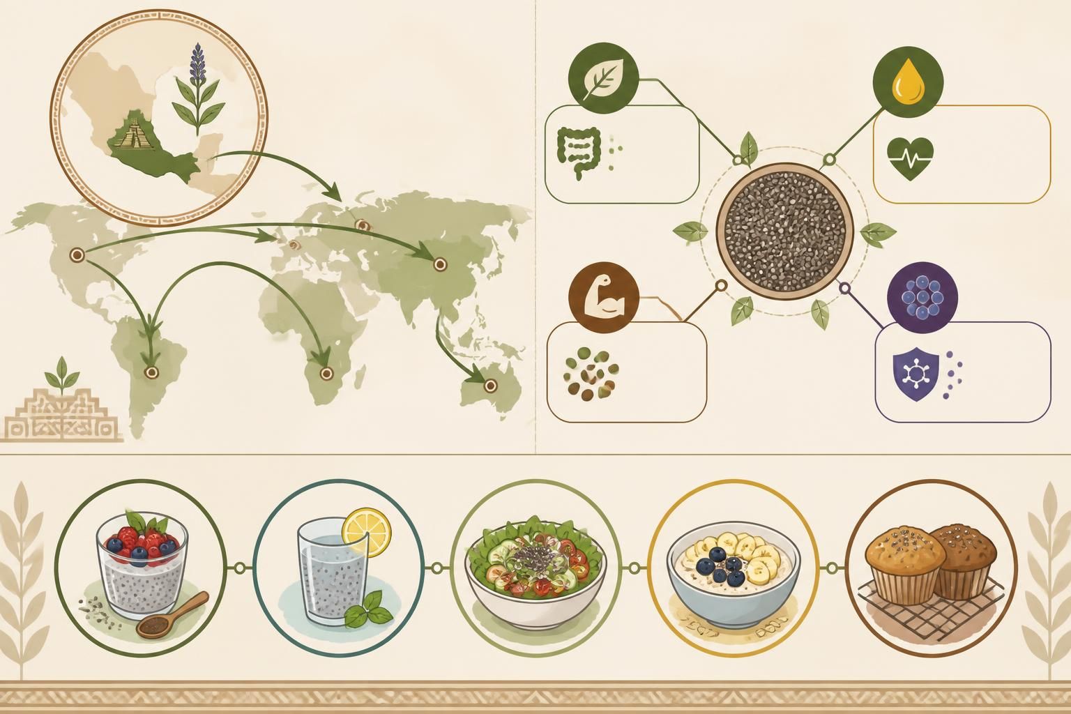 découvrez l'origine aztèque des graines de chia, leurs nombreux bienfaits pour la santé et cinq délicieuses façons de les intégrer dans votre cuisine quotidienne.