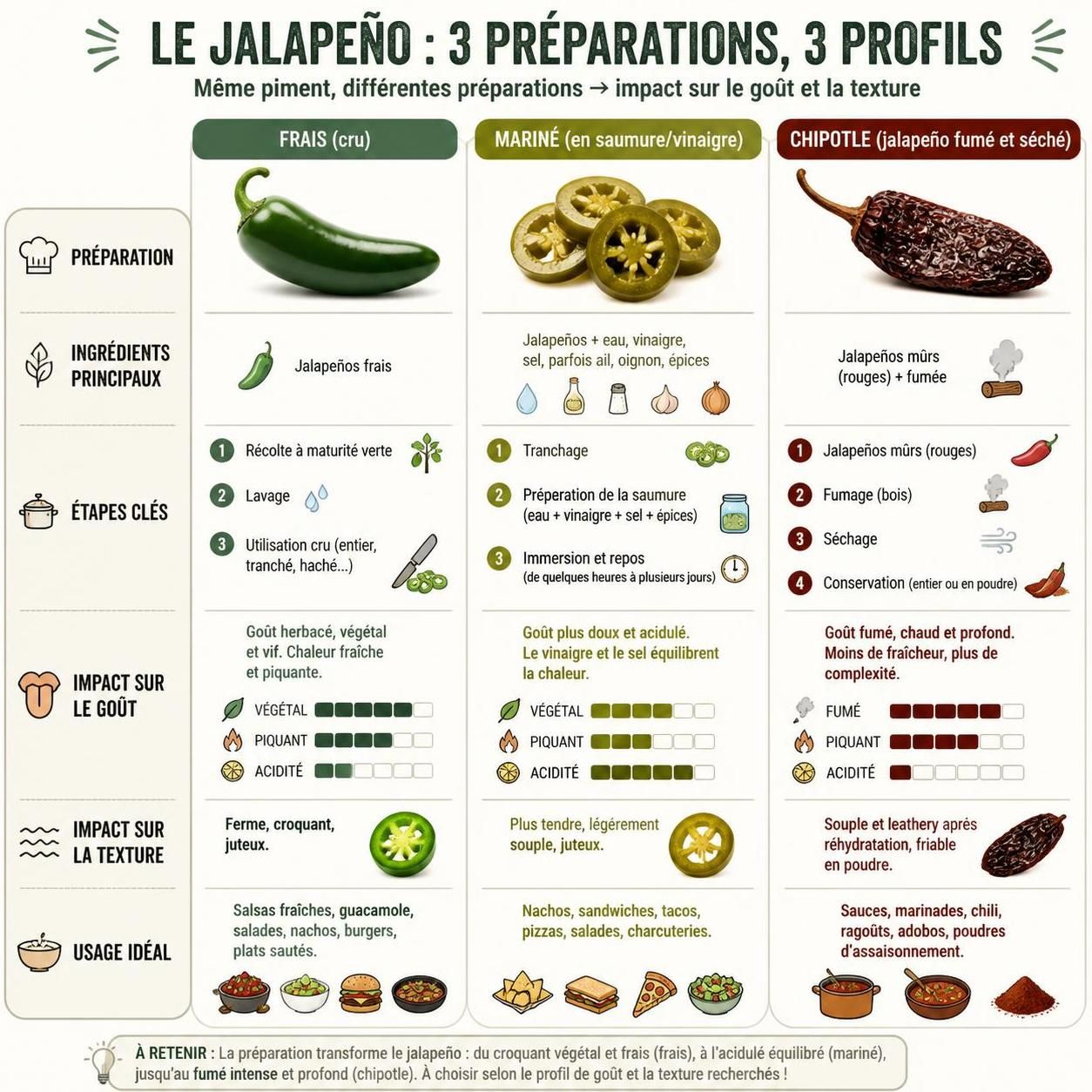 découvrez les trois façons de savourer le piment jalapeño : frais, en cornichon ou en chipotle, pour apporter une touche mexicaine épicée à vos plats.