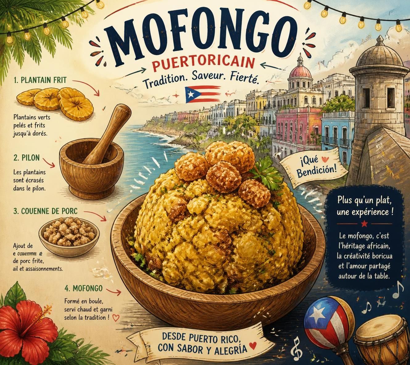 découvrez la recette authentique du mofongo porto-ricain, une délicieuse purée de plantain farcie au porc frit, directement inspirée de san juan. facile à préparer chez soi pour un voyage culinaire exceptionnel.
