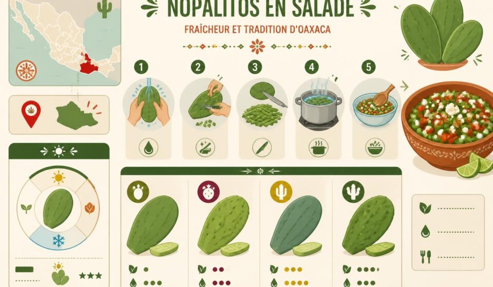 découvrez comment préparer des nopalitos en salade, les raquettes de cactus typiques d'oaxaca, sans épines, pour un plat frais et authentique comme au marché mexicain.