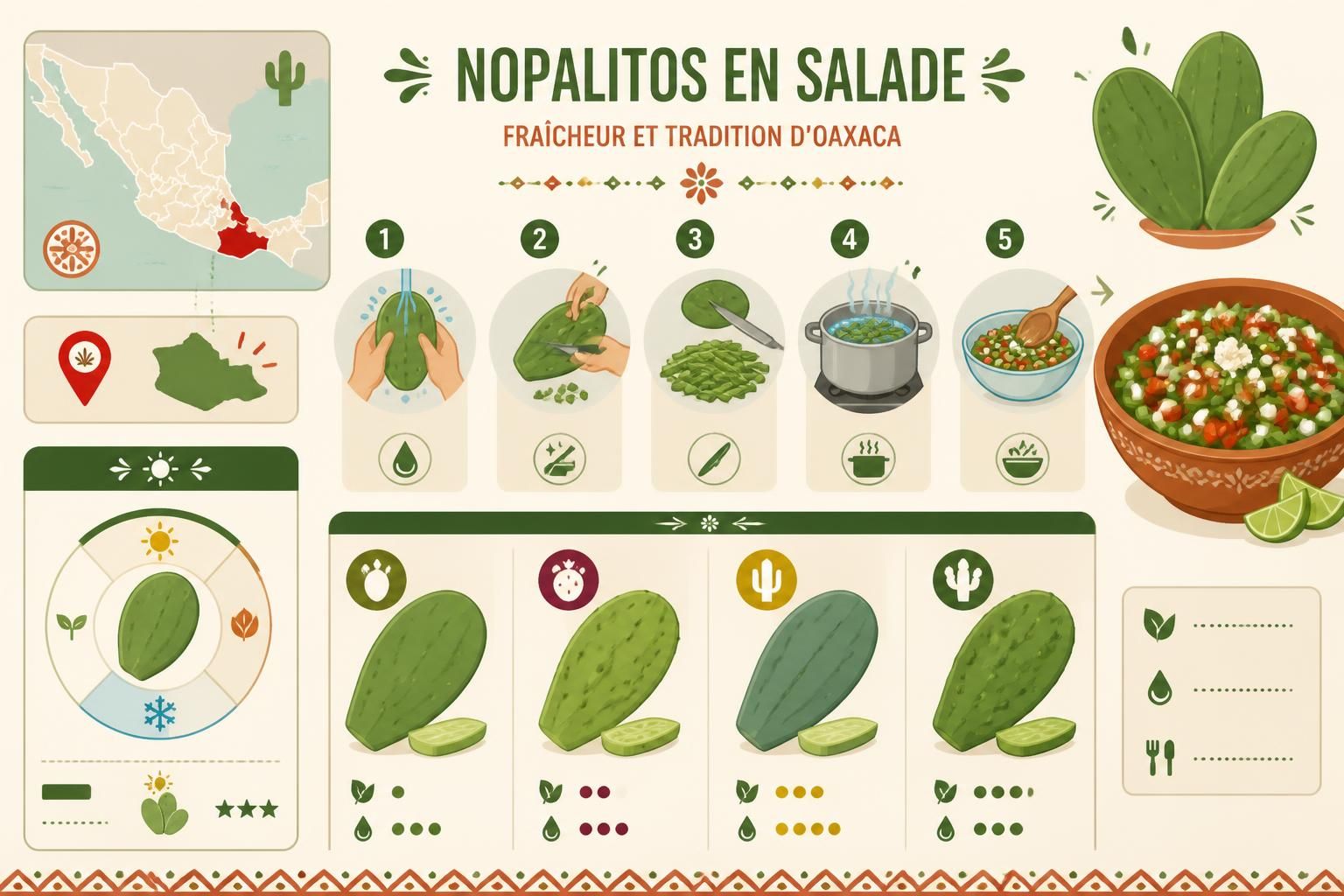 découvrez comment préparer des nopalitos en salade, les raquettes de cactus typiques d'oaxaca, sans épines, pour un plat frais et authentique comme au marché mexicain.