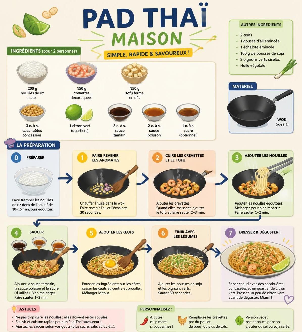 découvrez notre recette de pad thaï maison : nouilles de riz sautées aux cacahuètes, citron et sauce poisson, pour un goût authentique comme à bangkok.