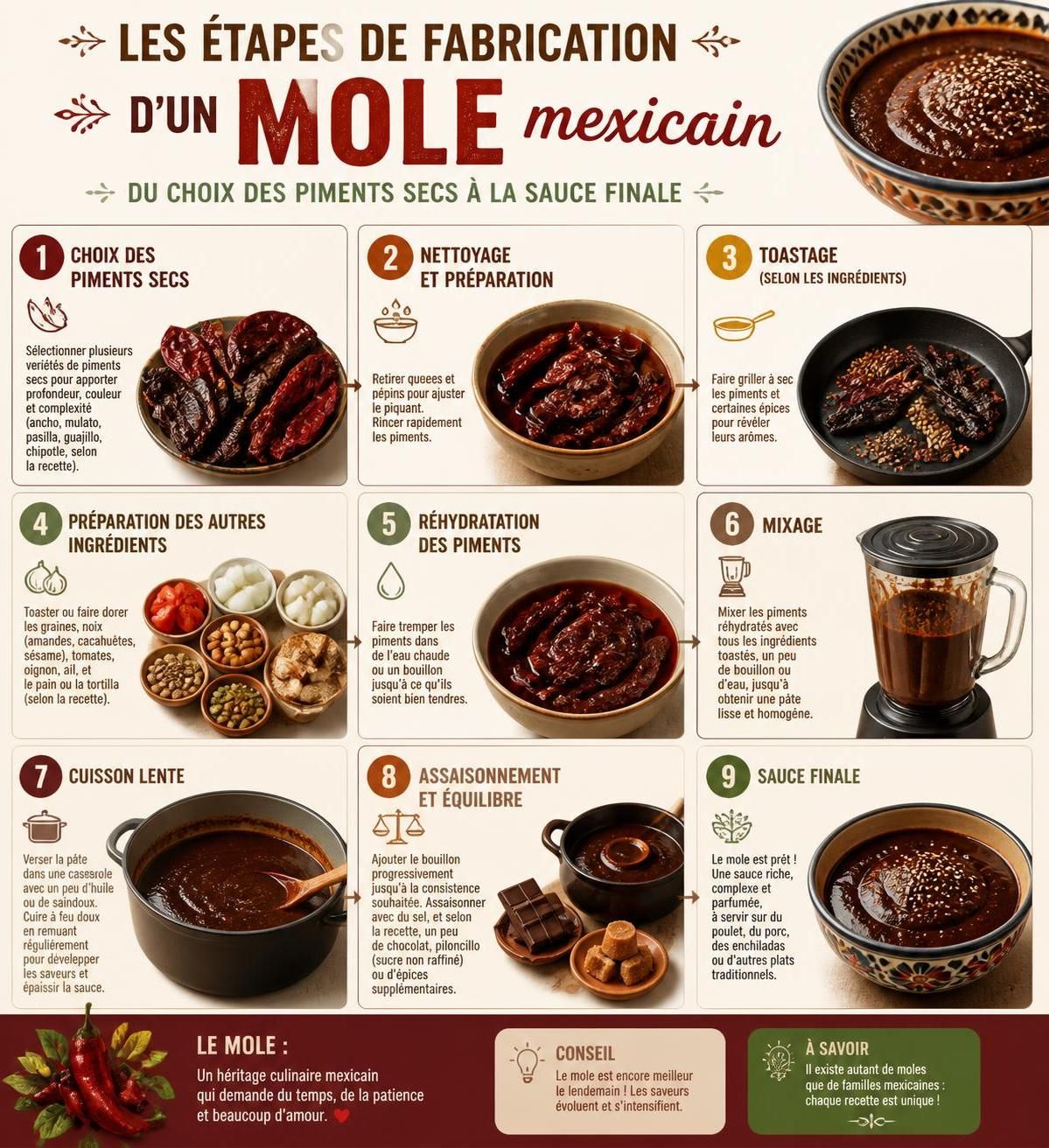 apprenez à hydrater, torréfier et incorporer le piment guajillo dans vos recettes de moles et salsas mexicains pour rehausser leurs saveurs authentiques.