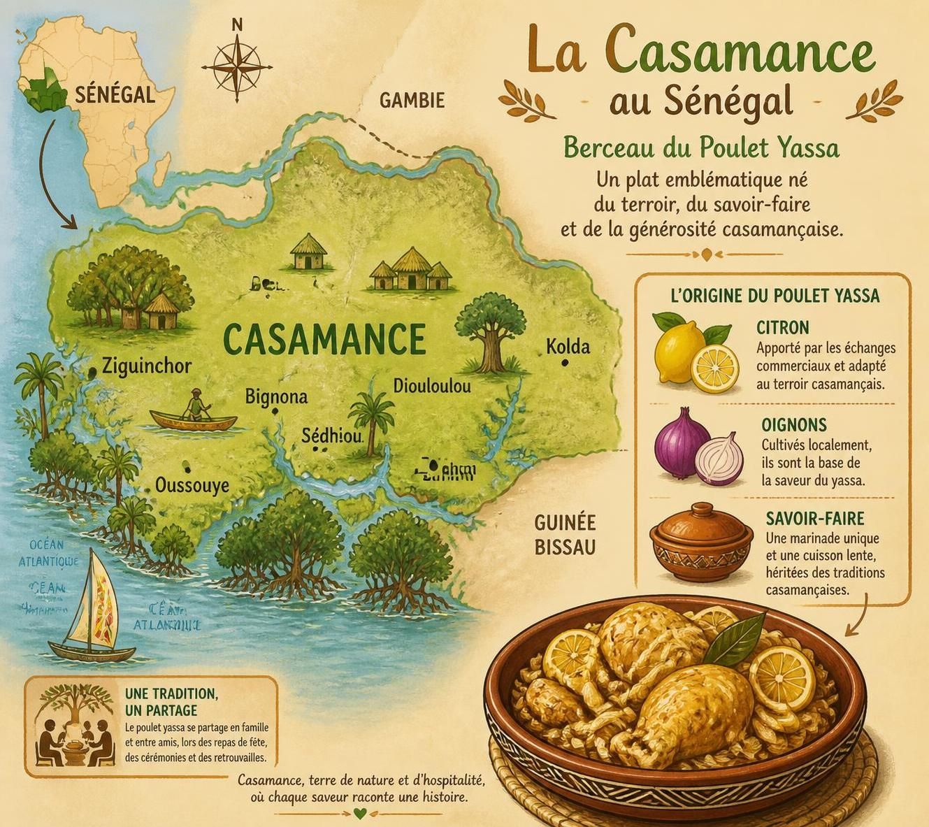 découvrez la recette authentique du poulet yassa sénégalais de la cantina de gloria, avec une marinade savoureuse aux oignons confits et citron pour une explosion de saveurs.