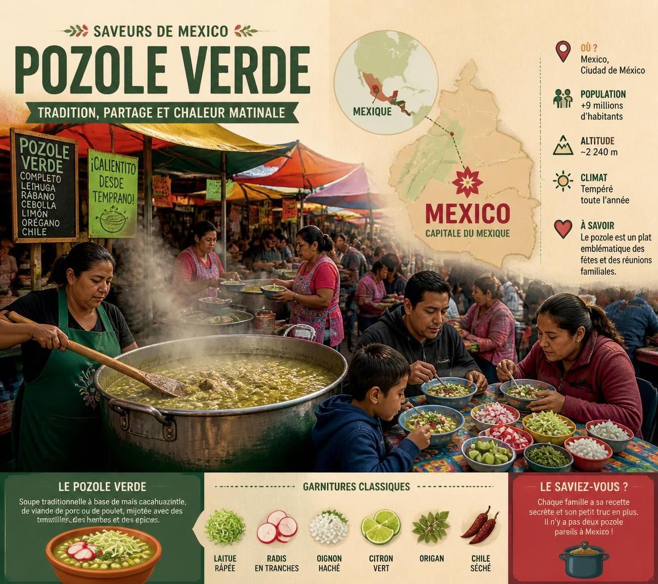 découvrez le pozole verde mexicain, un bouillon savoureux à la salsa verde traditionnellement servi le matin dans les marchés de mexico, alliant fraßcheur et authenticité.