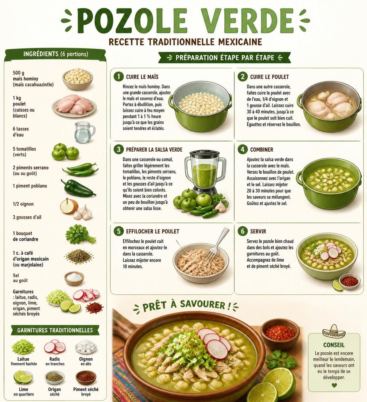 découvrez le pozole verde mexicain, un bouillon savoureux à la salsa verde, traditionnellement servi le matin dans les marchés animés de mexico.