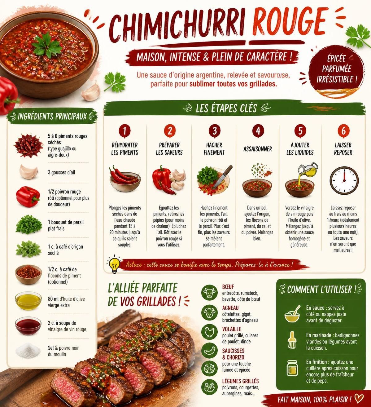 découvrez la recette authentique de la sauce chimichurri verte et rouge d'argentine, idéale pour sublimer toutes vos grillades estivales avec des saveurs fraîches et parfumées.