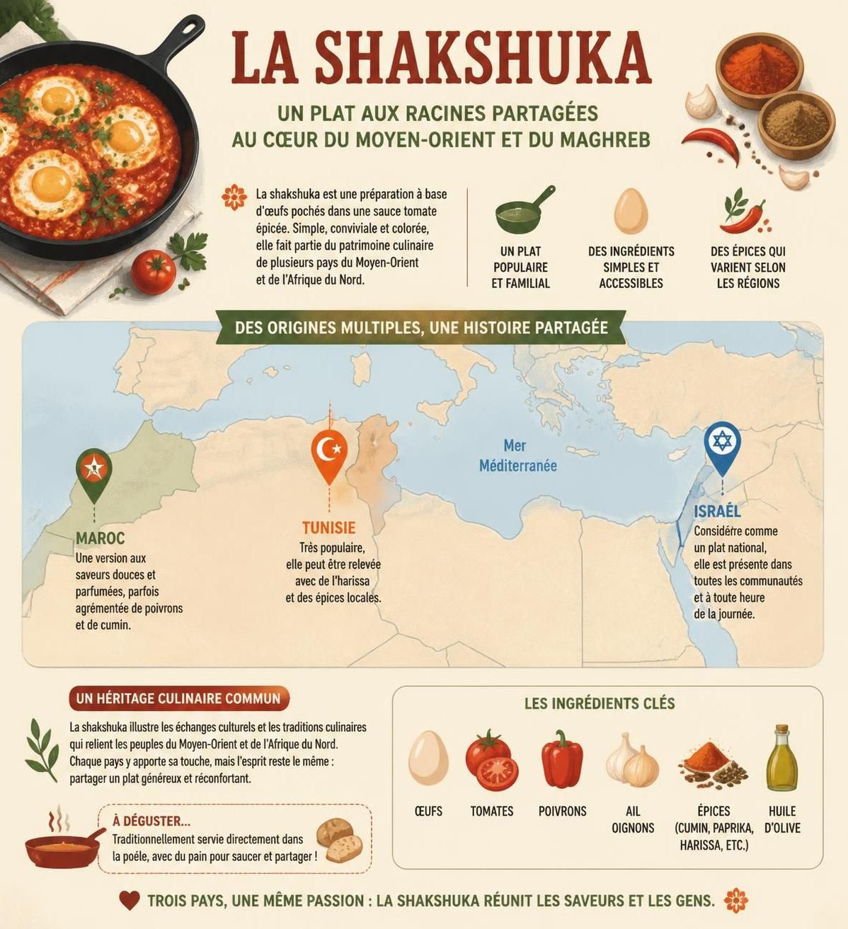 découvrez la shakshuka, ce plat traditionnel du moyen-orient composé d'œufs pochés dans une sauce tomate épicée, parfait pour régaler toute la famille.