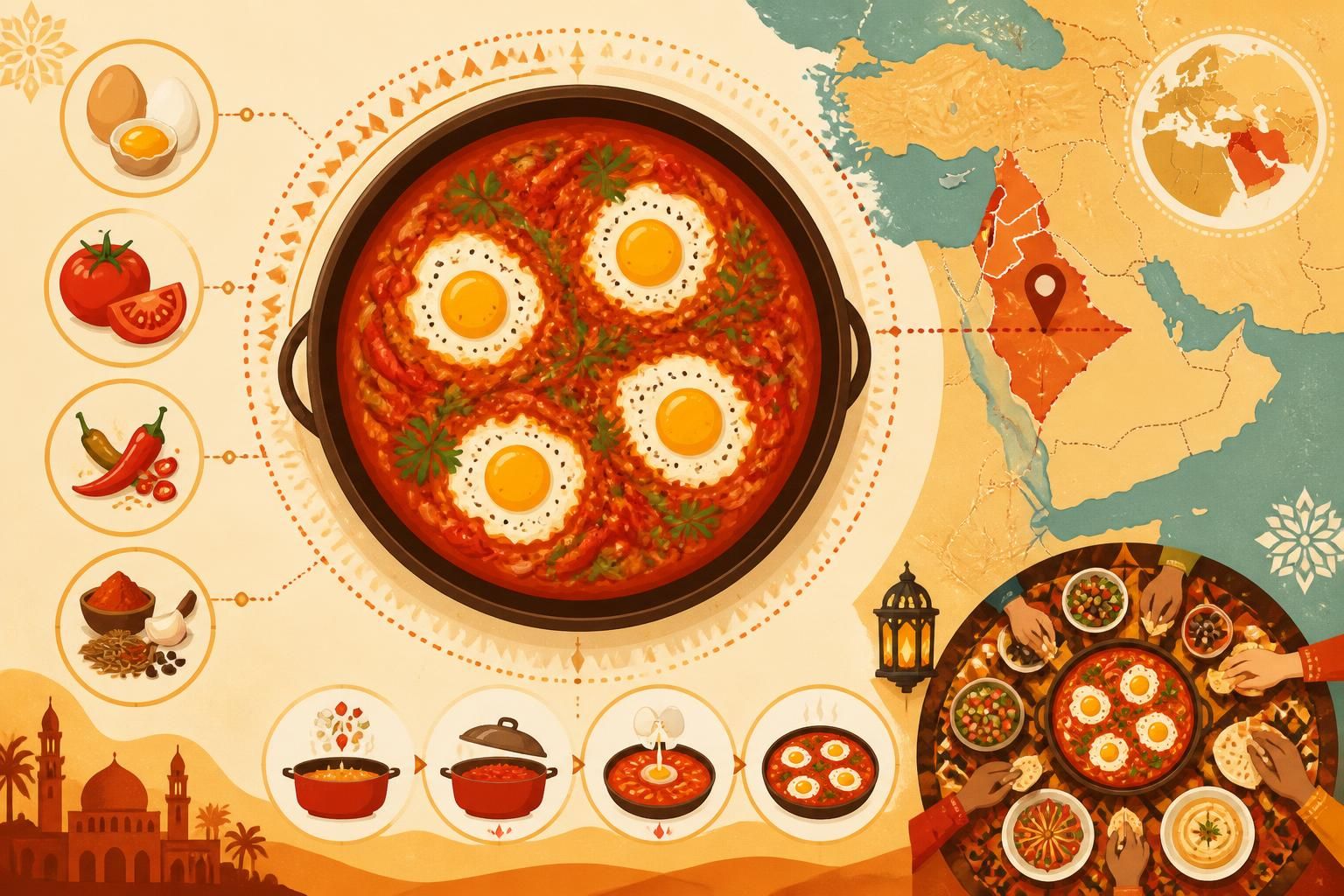 découvrez la shakshuka, un plat traditionnel du moyen-orient composé d'œufs pochés dans une sauce tomate épicée, parfait pour partager en famille ou entre amis.