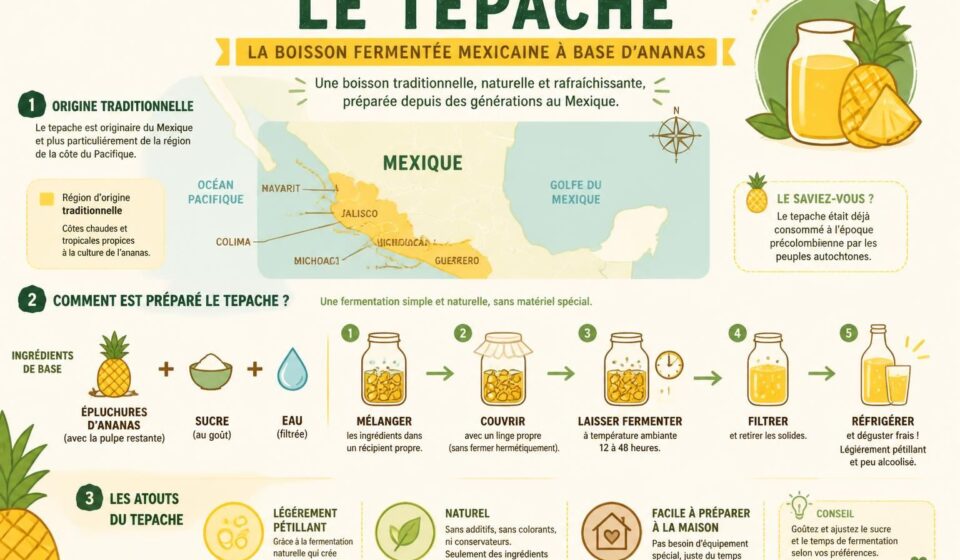 découvrez le tepache, la boisson fermentée mexicaine à l'ananas, légèrement pétillante et rafraîchissante, à préparer facilement chez vous sans équipement spécial.