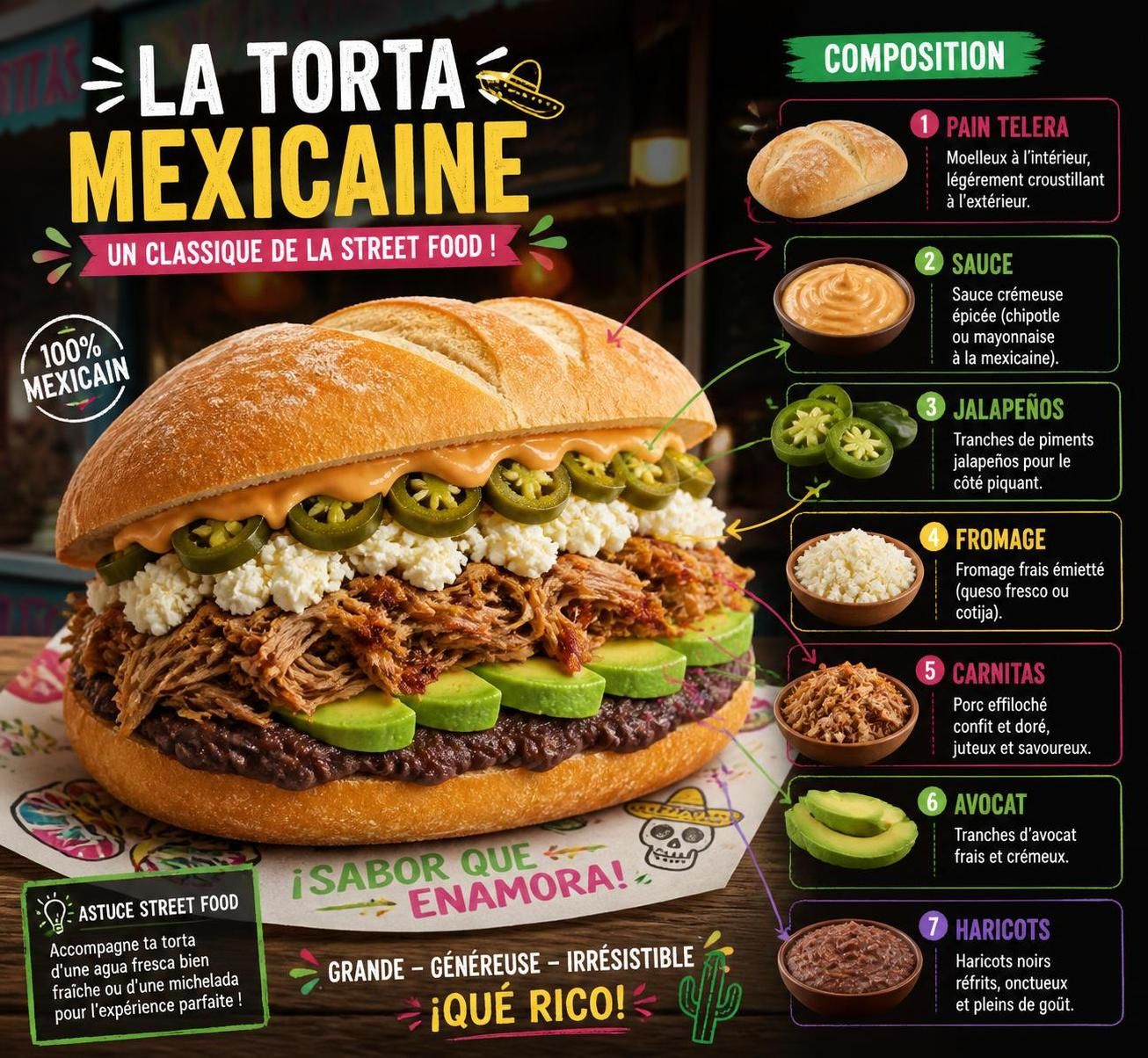 découvrez la torta mexicaine, un sandwich de rue authentique du samedi matin, composé de pain telera, haricots, avocat frais et succulentes carnitas. un délice mexicain à savourer !