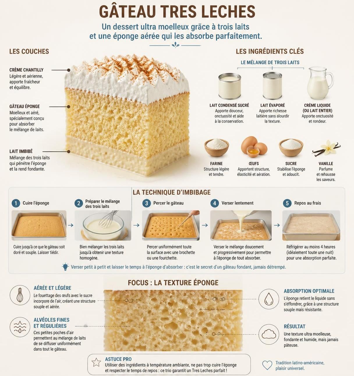 découvrez le tres leches, le gâteau buvard emblématique de toute l'amérique latine, préparé comme à la grande table de la cantina pour un plaisir authentique et gourmand.