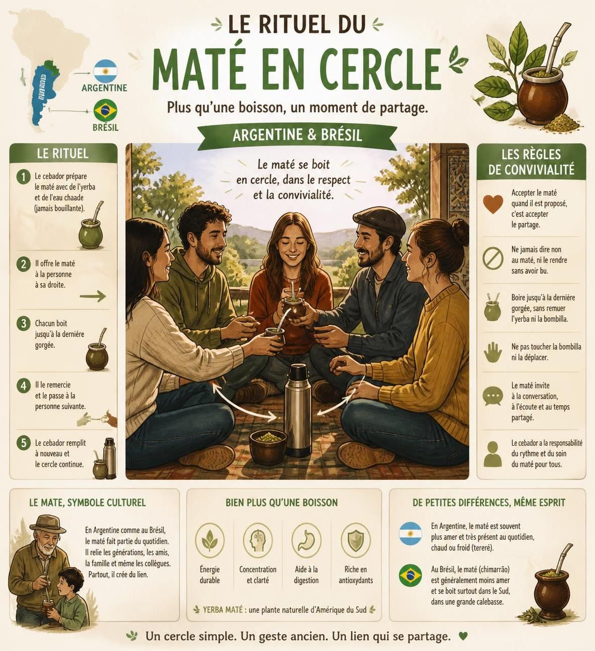 découvrez comment préparer le yerba mate argentin, comparez-le au chimarrão brésilien et explorez les différentes variantes froides de cette boisson traditionnelle.