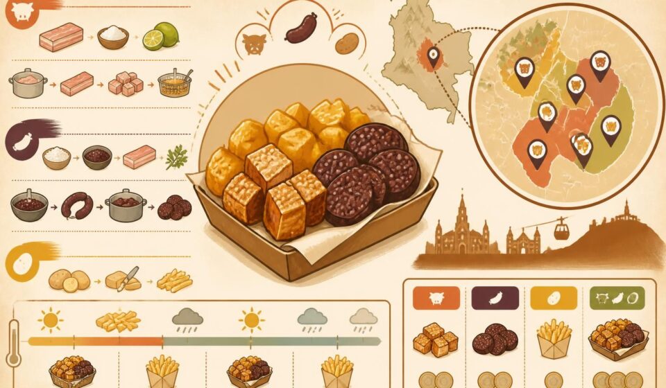 découvrez la bandeja de fritanga colombienne authentique avec chicharrón croustillant, morcilla savoureuse et patatas fritas typiques des rues de bogotá, un délice incontournable de la cuisine de rue colombienne.