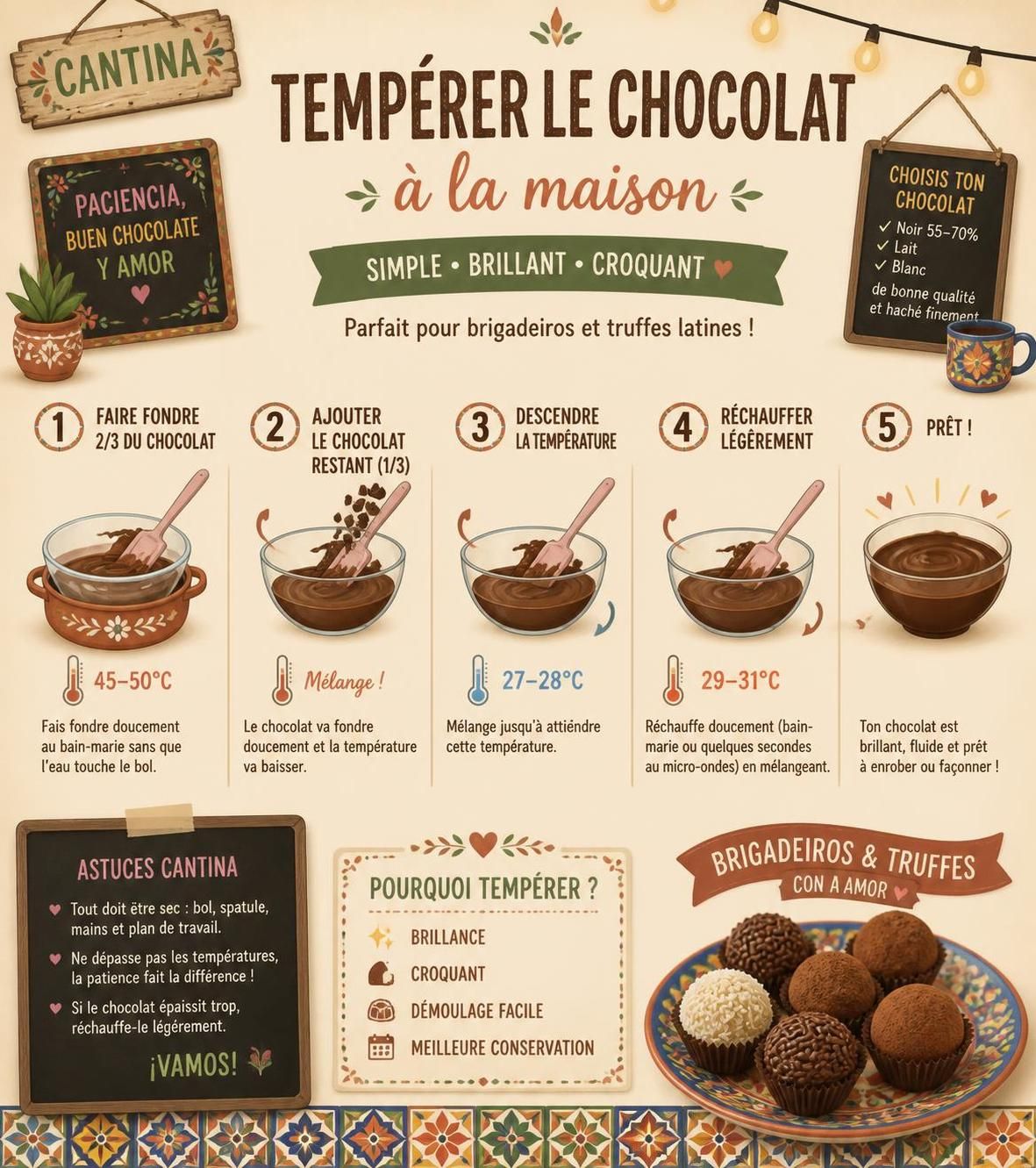 découvrez comment tempérer parfaitement le chocolat pour réussir vos brigadeiros, truffes et autres desserts latinos de la cantina avec des astuces simples et efficaces.