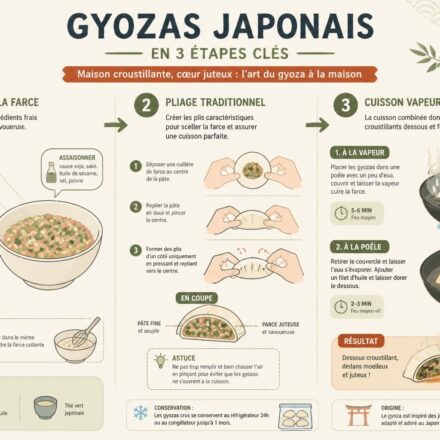Gyoza japonais : farce, pliage et cuisson vapeur-poêlée — le joyau du street food japonais à la maison découvrez l'art des gyozas japonais avec notre guide complet : recettes de farce savoureuse, techniques de pliage traditionnelles et cuisson vapeur-poêlée pour recréer ce joyau du street food japonais dans votre cuisine.