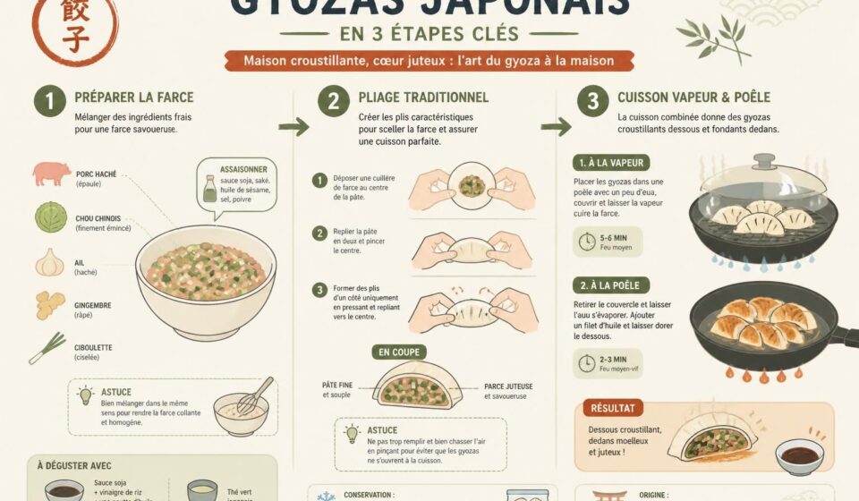 découvrez l'art des gyozas japonais avec notre guide complet : recettes de farce savoureuse, techniques de pliage traditionnelles et cuisson vapeur-poêlée pour recréer ce joyau du street food japonais dans votre cuisine.